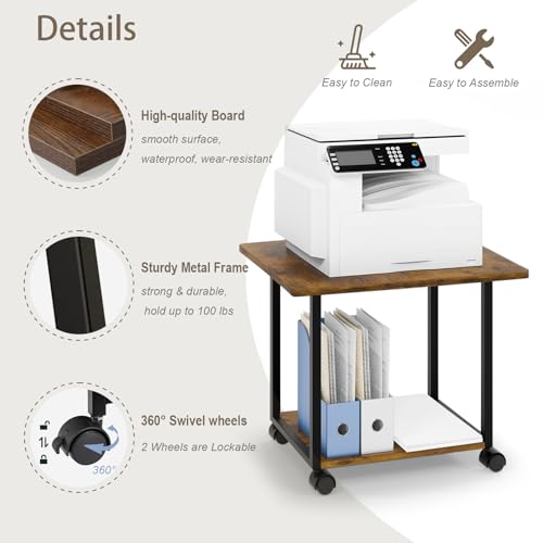 MARTY 22"x15.75" Large Under Desk Printer Stand with Storage Shelf 2-Tier Rolling Printer Cart with Wheels Printer Table for Home Office Heavy Duty Storage Rack for Scanner Fax Machine, Rustic Brown - color: Rustic Brown