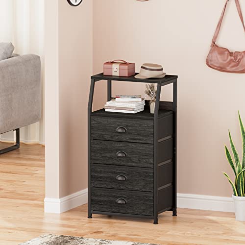 Furnulem Tall 4 Drawers Dresser, Vertical Storage Tower Black Dresser for Bedroom, Hallway, Entryway, Nursery, Closet Organizer, Nightstand Bedside Table Furniture, Sturdy Steel Frame, Wood Top - color: Black Oak, style: 4 Drawers