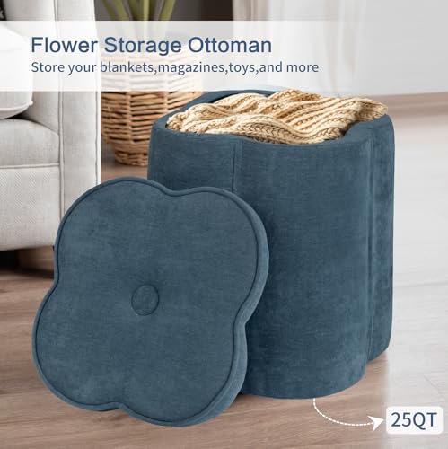 Crestview Collection Flower Pouf Ottoman with Storage,Chenille Fabric Foot Rest for Couch, Small Mordern Footstool for Vanity, Bedroom, Living Room,Under Desk, Navy Blue,18 inches - color: Navy Blue