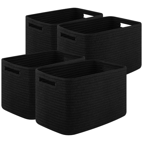 OIASKET Storage Baskets for Organizing, Woven Decorative Baskets for Shelves - Books, Towels, and Clothes, Cotton Rope Toy Storage Bins, 12.7''Lx9''Wx7.8''H, Pack of 4, Black - color: Black