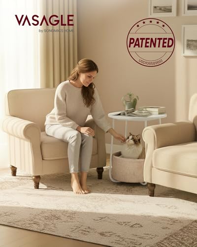 VASAGLE LILEA Collection - Small Round Side End Table, Modern Nightstand with Fabric Basket, for Living Room, Bedroom, Set of 2, Matte White and Camel Brown ULET225WG01S - color: Matte White + Camel Brown, size: Round + 2 pack