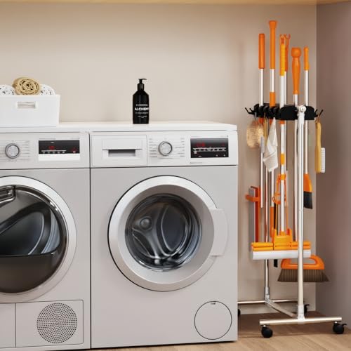 No-Drill Broom Holder Laundry Room Organization, Movable Cleaning Supplies Organizer, Cleaning Cart with 10 Racks and 12 Hooks, Broom and Mop Holder for Kitchen Laundry Garden Garage
