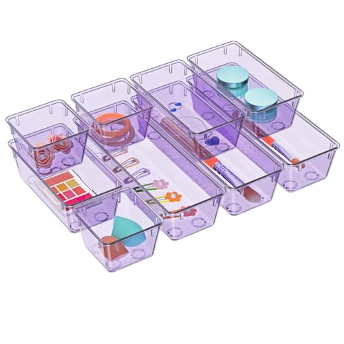 WOWBOX 9 Pack Clear Drawer Organizer Set, Acrylic Drawer Storage Trays, Storage Bins for Makeup, Cosmetics, Jewelries, Utensils, Gadgets, Office, Purple - color: Purple, size: 9 PCS
