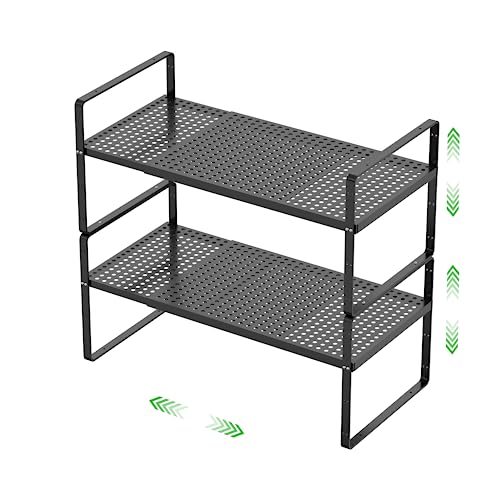 Expandable Cabinet Storage Shelf Stackable Organizer Rack for Kitchen Bathroom Pantry Spice Cupboard Coffee Countertop Home Office Desk Heavy Duty Nonslip Black Large 2 Packs - color: Black 2 Packs, size: Large - 10.2"W x (16.5"-27.1")L x 9.8"H