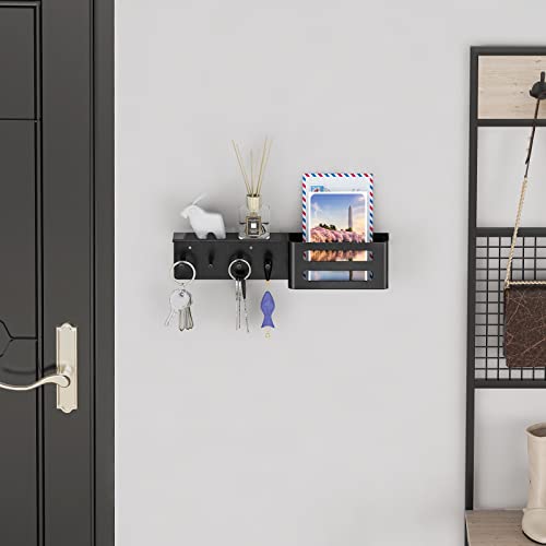 MKO Key Holder for Wall, Mail Organizer Key Rack with Tray, Key Holder Adhesive Wall Mount, 4 Hooks(Black) - color: Black with Shelf