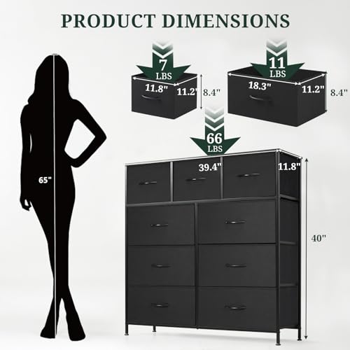 9-Drawer Dresser for Bedroom, Anti-Tip Tall Storage Organizer Chest of Drawers with Wooden Top and Metal Frame Fabric Bins for Closet, Living Room, Hallway, Entryway, Black - color: Black, size: 11.8"D x 39.4"W x 40"H (9 Drawers)