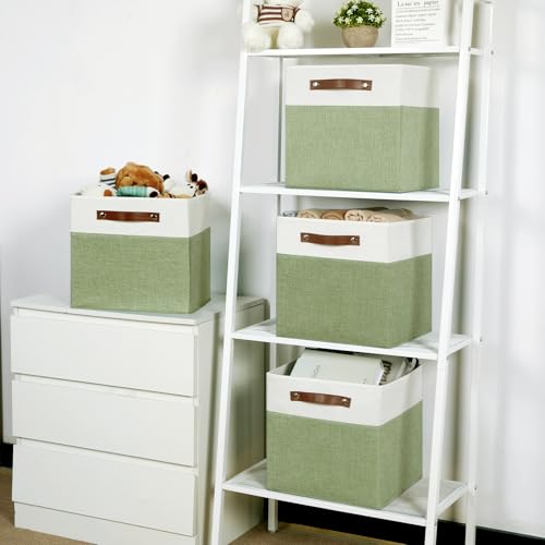 Temary 12 Inch Fabric Storage Cubes Storage Bins with Leather Handles, 4 Pack Cube Baskets Bins for Organizing Closet, Foldable Cloth Baskets for Shelves (White&Green) - color: White&Green, size: 12×12×12