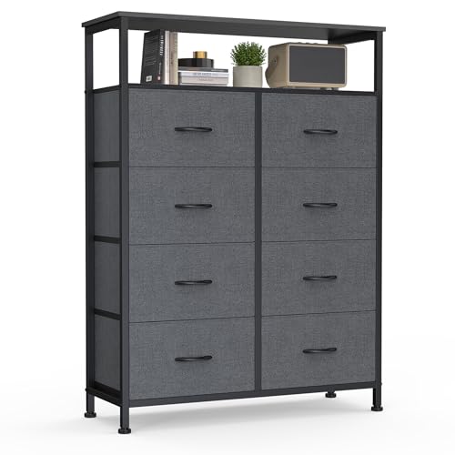 DUMOS Fabric Dresser for Bedroom with 8 Drawers, Tall 8-Drawer Chest of Drawers with Raised Shelf, Storage Tower with Fabric Bins for Closet Organization, Hallway Storage, Grey - color: Grey, size: 31.5"D x 45.9"W x 11.8"H (8 Drawers)