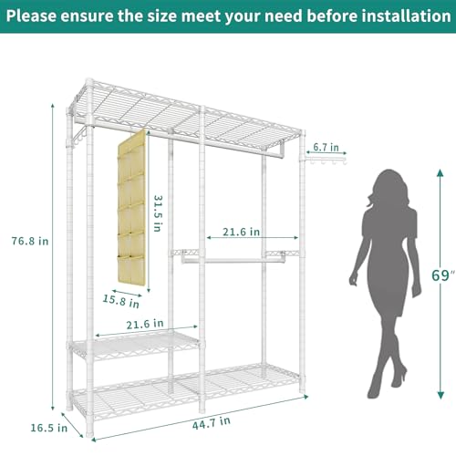 Heavy Duty Garment Rack, Metal Closet Organizers and Storage Clothing Racks 3 Tiers Adjustable Wire Shelving with 2 Hanger Rods and Side Hooks, 44.7" Lx16.5 Wx76.8 H, Max Load 800LBS, White - color: White, size: A1: 3 Tiers with 2 Rods,44.7"L x 16.5"W x 7