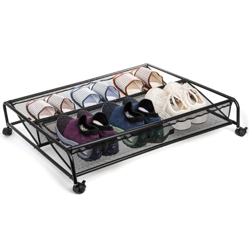 Goaste Under Bed Shoe Storage Organizer with Wheels, Rolling Underbed Storage Containers, Metal Shoe Rack Drawer Space Saving for Bedroom Organization, Shoes, Toys (Black)