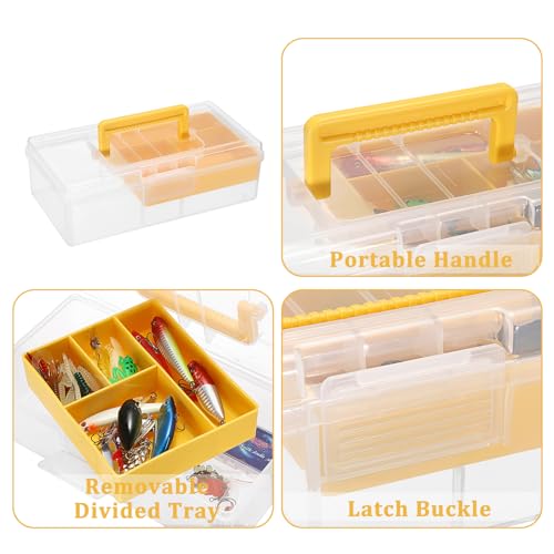 JUXYES Plastic Carry Storage Box with Removable Dividers, Clear Art Craft Supply Storage Bin Sewing Box With Handle Lid, 2 Layers Stationery Storage Case for School/Office Supplies - color: Yellow