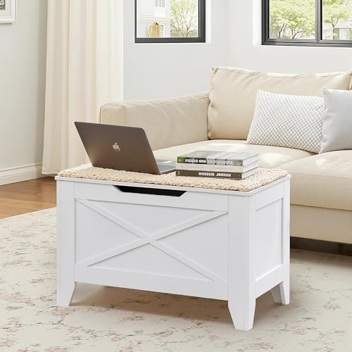 VECELO 30" Storage Bench, Entryway Shoe Ottoman, Farmhouse Style Bench with Handwoven Cushion and Metal Safety Hinges, for Bedroom, Living Room, Entryway, White - color: White, size: 30"W