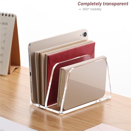 SANRUI Acrylic Mail Organizer for Desk Vertical Letter Holder Clear Bookshelf 2-Slots, Small File Sorter for Bills, Envelopes, Office Supplies, Upright Binder Divider for Home Office School - style: 2 Sections