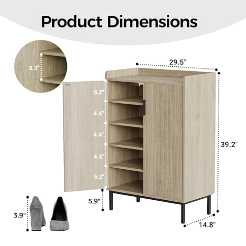 Mericonia Shoe Cabinet with Metal Legs, Farmhouse Large 5-Tier Shoe Storage Cabinet with Doors, Wooden Shoe Organizer for Entryway, Hallway (2 Door Shoe Cabinet, Oak-Modern) - color: A-oak