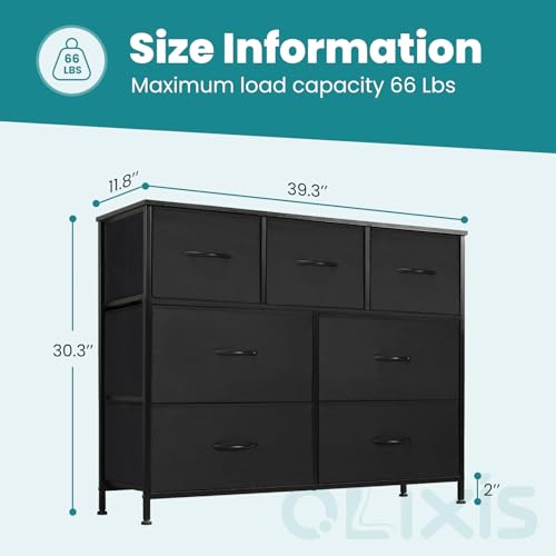 OLIXIS Dresser for Bedroom, 7 Storage Drawers, Wide Fabric Closet Chests Organizer Tower Furniture, TV Stand with Wooden Top Metal Frame for Clothes, Living Room, Hallway, Entryway, Black - color: Black, size: 11.8"D x 39.4"W x 30"H (7 Drawers)