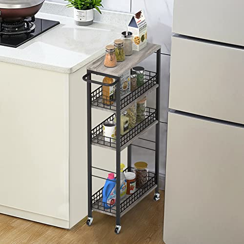 4 Tier Slim Storage Cart Narrow Laundry Cart on Wheels Utility Kitchen Rolling Cart with Wood Tabletop Mobile Shelving Unit Bathroom Storage Organizer Slide Out Rolling Tower for Narrow Spaces - color: Grey