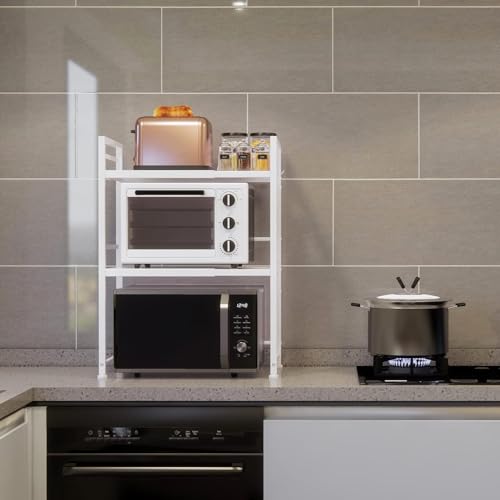 DOLALIKE Microwave Oven Rack, Expandable Microwave Stand Kitchen Countertop Organizer Utensils Storage, Carbon Steel Over Microwave Shelf with 3 Hooks (White, 3 Tier) - color: White, size: 3 Tier (Without Spice Rack)
