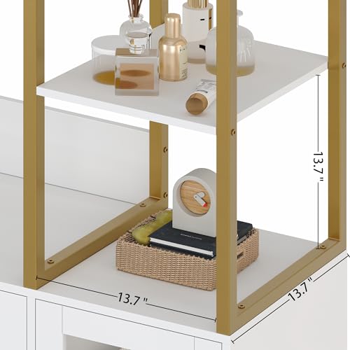 BOTLOG 2pcs Closet Organizer System, Wardrobe Closet with 3 Wooden Drawers, Clothes Rack with Hanging Rods and 4 Tiers Shelves, Garment Rack with Metal Frame, White and Gold