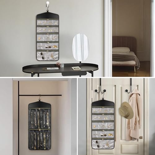 CHICECO Travel Jewelry Holder Organizer,Hanging Jewelry Organizer Storage with Zippered Pockets for Cloest,Jewelry Holder for Earrings, Necklaces (Grey Black) - color: Grey Black