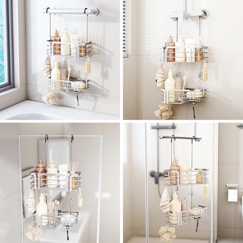 SWTYMIKI Shower Caddy Hanging Organizer - Over the Door Shower Caddy with Soap Holder, 11 Hooks, 2 Installation Ways, Stainless Steel Rustproof Bathroom Organizer, Silver - color: Silver
