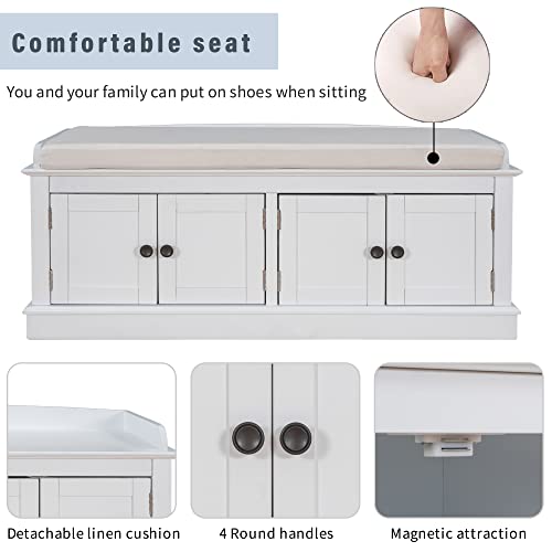 P PURLOVE Farmhouse Storage Bench for Entryway,Wood Storage Benches with Adjustable Shelves,Shoe Bench with Storage and Removable Cushion for Entryway,White - color: White, size: With 4 Door