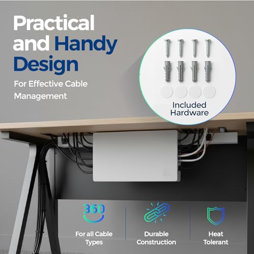 Cable Management Box with Included Mounting Hardware – ABS Cord Organizer (12,7 x 7,8 x 4,5 in) | Heat-Tolerant Power Strip & Cable Storage | Wall-Mountable or Floor Use - color: White