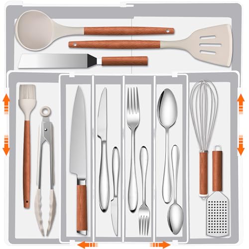 Spaclear Expandable Large Silverware Organizer - BPA-Free Utensil Organizer for Kitchen Drawer, Adjustable Silverware Drawer Organizer Flatware Cutlery Tray for Spoons Forks Knives,10.2"-17.2" Wide - color: White