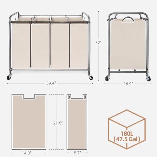 STORAGE MANIAC Laundry Sorter 4 Section, 47.8 Gal (181 L) Laundry Hamper with Wheels, Clothes Divider Basket Sorter, Clothes Separator Hamper Cart with Wheels and Removable Bags, Beige - color: Beige, size: 4 Section