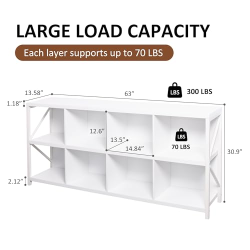 8 Cube Storage Organizer Bookshelf, Industrial Horizontal Bookcase, Accent Cubby Shelf, Media Console Table for Living Room, Home Office, 13.6" D x 63" W x 30.9" H, White - color: White, size: 8 Cube- 2 Tier