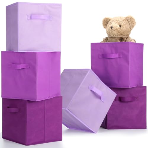 Karenhi 11" x 10.5" x 10.5" Purple Storage Cube, 6 Pack Fabric Cube Storage Bins Organizer Box, Collapsible Baskets with Handles Foldable Shelf for Cloth Toys Home Room Closet, Pack of 6 - color: Purple