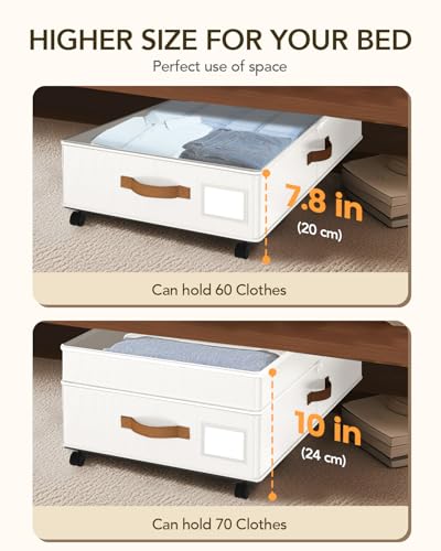 Under Bed Storage with Wheels, 10 inches Under Bed Storage Containers, 65L XXL Large Adjustable Underbed with Lids, Rolling Underbed Storage bins for Shoes, Clothes, Blankets, White - color: White