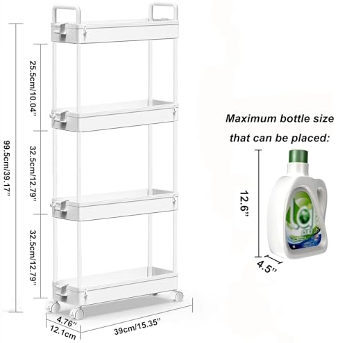 SOLEJAZZ Slim Rolling Storage Cart with Wheels 4 Tier Skinny Bathroom Storage Organizer Narrow Shelf Unit Thin Laundry Room Utility Cart for Bedside Kitchen Office Next to Fridge Small Places, White - color: White, size: 4-Tier, 4.76"D