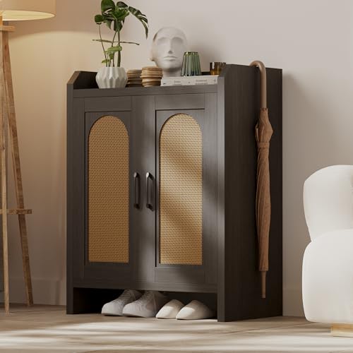 Mericonia Shoe Cabinet Storage for Entryway, Natural Rattan Shoes Cupboard, Wooden Shoe Rack with Doors and Shelves, Farmhouse Boho Wood Shoe Organizer Cabinet for Hallway Black - color: Black, size: 5-tier