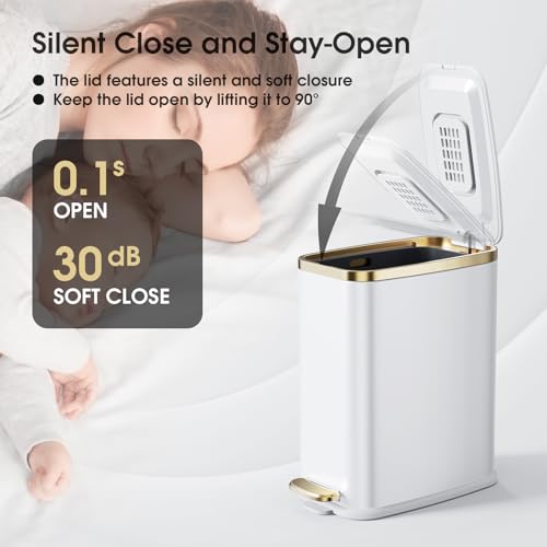 CEROELDA Small Bathroom Trash Can with Lid Soft Close-5L/1.3 Gal Stainless Steel Garbage Can-Step Pedal Wastebasket Slim Trash Bin for Office, Bedroom, Toilet, Live Room-White - color: White