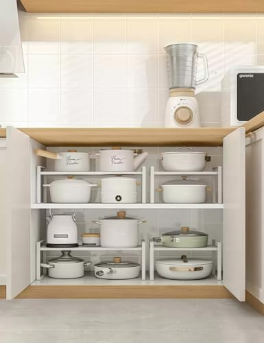 2-Pack Expandable Shelf Organizer for Kitchen Countertop, kitchen organizers and storage，under sink expandable shelf organizer - color: White, size: 8.2''D * 12.2-21.6''W * 7.7''H(2 Pack)