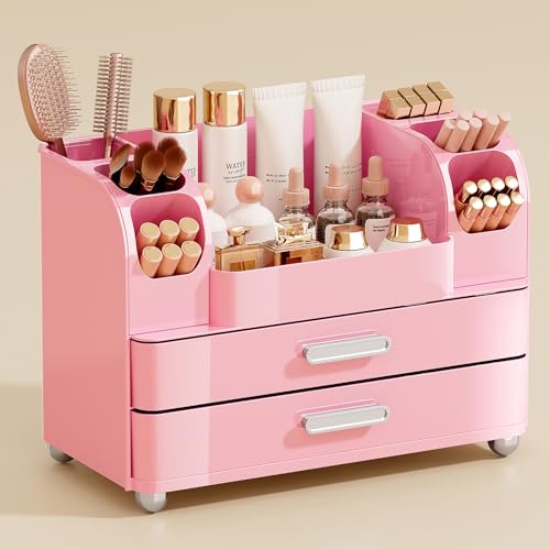 Makeup Organizer for Vanity with 2 Large Drawers, Cosmetic Display Case with Brush Holders, Easy to Storage for Bathroom Countertop Skincare, Desk Office Supplies, All Pink - color: All Pink