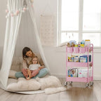 YASONIC 3-Tier Metal Rolling Cart, Heavy Duty Utility Cart with Lockable Wheels, Hanging Cups, Hooks, Mesh Rolling Storage Cart Craft Organizer, Lightweight and Sturdy, Pink - color: Pink