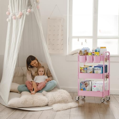 YASONIC 3-Tier Metal Rolling Cart, Heavy Duty Utility Cart with Lockable Wheels, Hanging Cups, Hooks, Mesh Rolling Storage Cart Craft Organizer, Lightweight and Sturdy, Pink - color: Pink