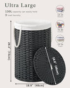 SETVSON Large Laundry Hamper Laundry Basket Round 34.3 Gal (130 L) Handwoven Wicker Laundry Baskets Rattan Laundry Basket with Laundry Bag Handles 2 Mesh Bags for Living Room Bedroom Black - color: Black, size: 130L