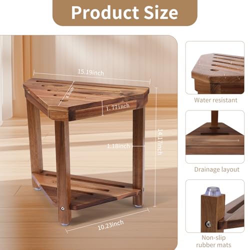 Boulphia Shower Foot Rest 14in, Acacia Wood Shower Stool for Shaving Legs, Waterproof Corner Shower Stool with Storage Shelf for Inside Small Shower Spaces, Wood Color - color: Wood Color