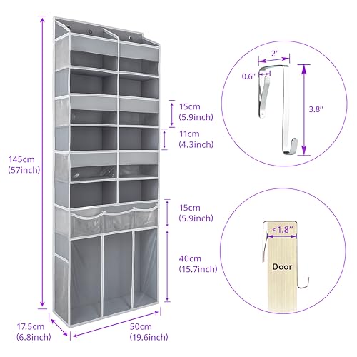 Extra Large Over The Door Organizer with Clear Pockets - 8 Compartments & XL Bottom Storage, Heavy-Duty Hanging Organizer for Bathroom, Bedroom, Closet (57 Inch Height). - color: Grey