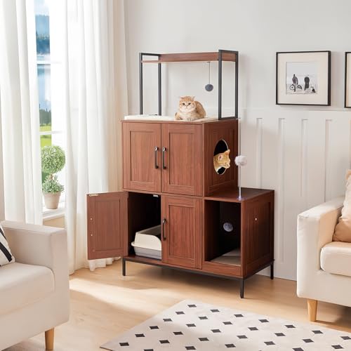 HOOBRO Litter Box Enclosure, Litter Box Furniture with Storage, 2-in-1 Hidden Cat Furniture with Shelf, 2 Dangling Plush Balls and 1 Toy Ball, Large Wooden Cat Washroom, Walnut WL78MW01 - color: Walnut