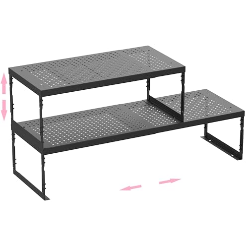 Stackable Expandable Metal Shelf Organizer - Adjustable Wire Storage Rack with Holes for Kitchen, Bathroom, Cabinet, Office - Space Saving, Durable & Sturdy Design（2PACKS/Medium/Black - color: 2packs/Medium/Black, size: Medium