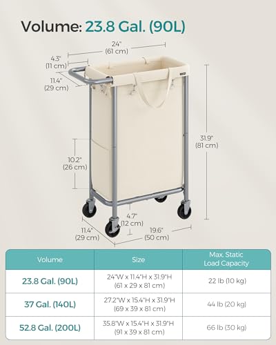 SONGMICS Laundry Basket with Wheels, Rolling Laundry Hamper, 23.8 Gallons (90 L), Removable Liner, Steel Frame with Handle, 24 x 11.4 x 31.9 Inches, Cream White URLS003W01 - color: Cream White, size: 90 L (1-Section), style: Rectangular with handle