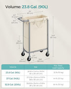 SONGMICS Laundry Basket with Wheels, Rolling Laundry Hamper, 23.8 Gallons (90 L), Removable Liner, Steel Frame with Handle, 24 x 11.4 x 31.9 Inches, Cream White URLS003W01 - color: Cream White, size: 90 L (1-Section), style: Rectangular with handle