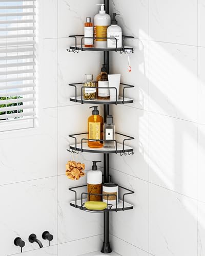 ALLZONE Corner Shower Caddy Tension Pole, 4 Hang-On Basket with Mixed-Height Shelves for Various Bottle Sizes, Extra Hooks & Soap Holder, Rustproof Stainless Steel, Fits 34–116 Inch, Black/White - color: Black/White