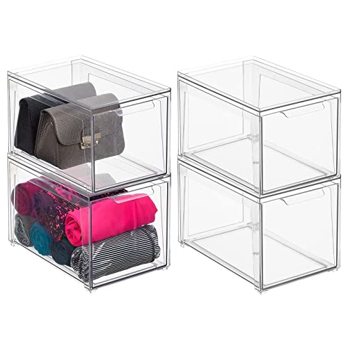 mDesign Plastic Stackable Closet Storage Organizer Bins with Pull Out Drawer for Cabinet, Desk, Shelf, Cupboard, or Dresser Organization - Lumiere Collection - 4 Pack - Clear - size: 8 x 12 x 8 (Pack of 4)