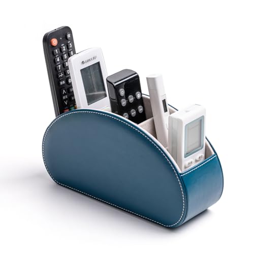 Remote Control Holders Organizer Box with 5 Compartment PU Leather Multi-functional Office Desk Storage Caddy Store Tv Remote for Media Player,Brush,Pencil,Glassees&Office Supplies (Peacock Blue) - color: Peacock Blue, size: S