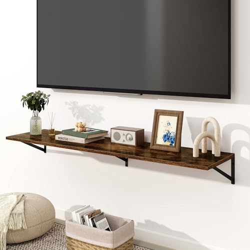 Fun Memories Floating Shelves for Wall, 12 Inch Deep Floating Shelves Set of 2, 55W x 12D Large Wall Shelf with Sturdy Metal Brackets for Living Room, Bathroom, Bedroom and Kitchen, Rustic Brown - color: A-rustic Brown, size: 55"W x 12"D