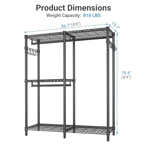 VIPEK V4 Heavy Duty Clothing Rack for Hanging Clothes 810lbs Load Capacity, Double Rod Garment Rack with Adjustable Shelves & Side Hooks, Metal Wardrobe Closet System Easy to Assemble, (Black) - color: Black, style: V4